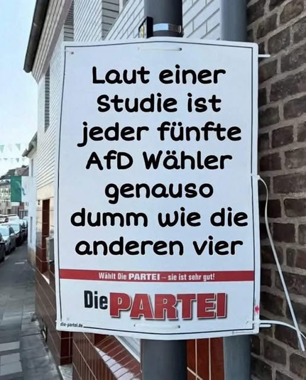 Plakat mit der Aufschrift: Laut einer Studie ist jeder fünfte AfD Wähler genauso dumm wie die anderen vier.