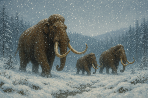 Mastodonten bei Schneefall im Bayerischen Wald.