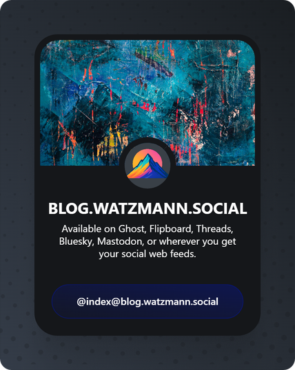 Das Handle für die Ghost-Instanz https://blog.watzmann.social 
Das Handle lautet @index@blog.watzmann.social
Das Bannerbild ist abstrakt und könnte eine Bergwelt zeigen. Das Logo symbolisiert den Watzmann.