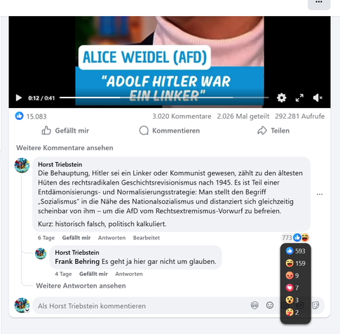 Facebook Post zu Weidels Behauptung, Adolf Hitler sei ein Linker gewesen.
Mein Kommentar:
Die Behauptung, Hitler sei ein Linker oder Kommunist gewesen, zählt zu den ältesten Hüten des rechtsradikalen Geschichtsrevisionismus nach 1945. Es ist Teil einer Entdämonisierungs- und Normalisierungsstrategie: Man stellt den Begriff „Sozialismus” in die Nähe des Nationalsozialismus und distanziert sich gleichzeitig scheinbar von ihm – um die AfD vom Rechtsextremismus-Vorwurf zu befreien.