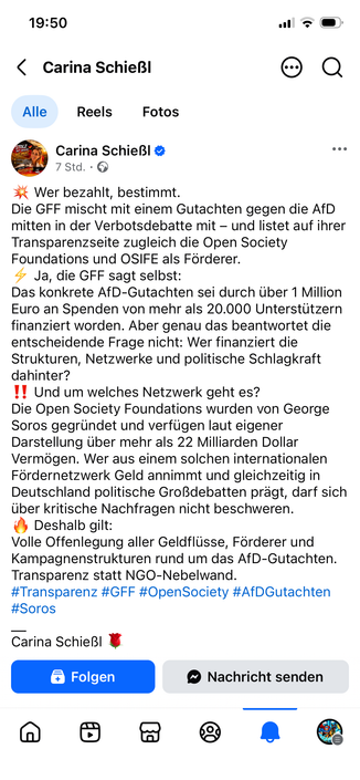 Corinna Schießl AfD Bayern und MdB verkündet auf Facebook, Soros hätte das Gutachten zur AfD finanziert.
