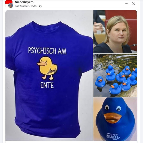 Psychisch am Ente T-Shirt
Weiterhin im Bild Katrin Ebner-Steiner
und blaue AfD-Enten