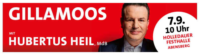Hubertus Heil ist auf der Tafel abgebildet und der Veranstaltungstermin  genannt