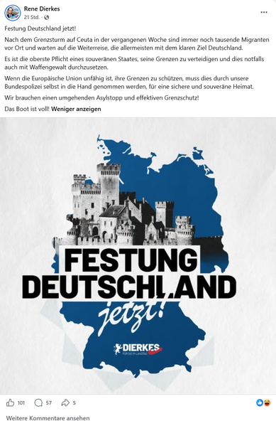 & Rene Dierkes i.
215d. - @
Festung Deutschland jetzt!
Nach dem Grenzsturm auf Ceuta in der vergangenen Woche sind immer noch tausende Migranten
vor Ort und warten auf die Weiterreise, die allermeisten mit dem klaren Ziel Deutschland.
Es ist die oberste Pflicht eines souverénen Staates, seine Grenzen zu verteidigen und dies notfalls
auch mit Waffengewalt durchzusetzen.
Wenn die Européische Union unfahig ist, ihre Grenzen zu schiitzen, muss dies durch unsere
Bundespolizei selbst in die Hand geno…