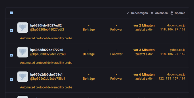 Bild zeigt Anmeldeversuche auf der Mastodon Instanz durch einen Spam-Bot